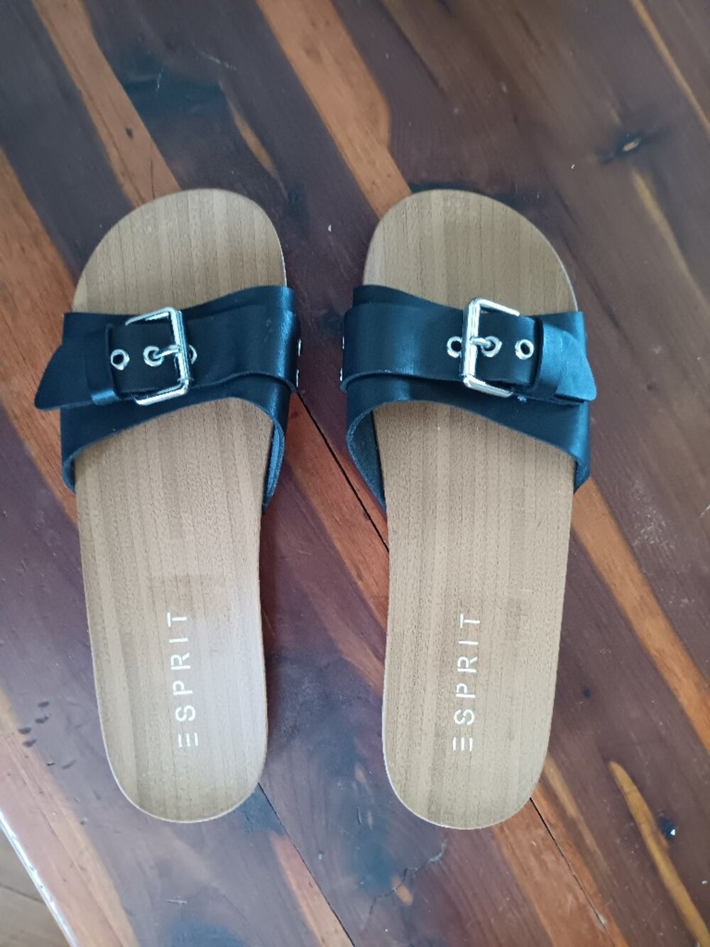 NWT Esprit Black Wooden Low Heel Clog Buckle Sandals Size 8